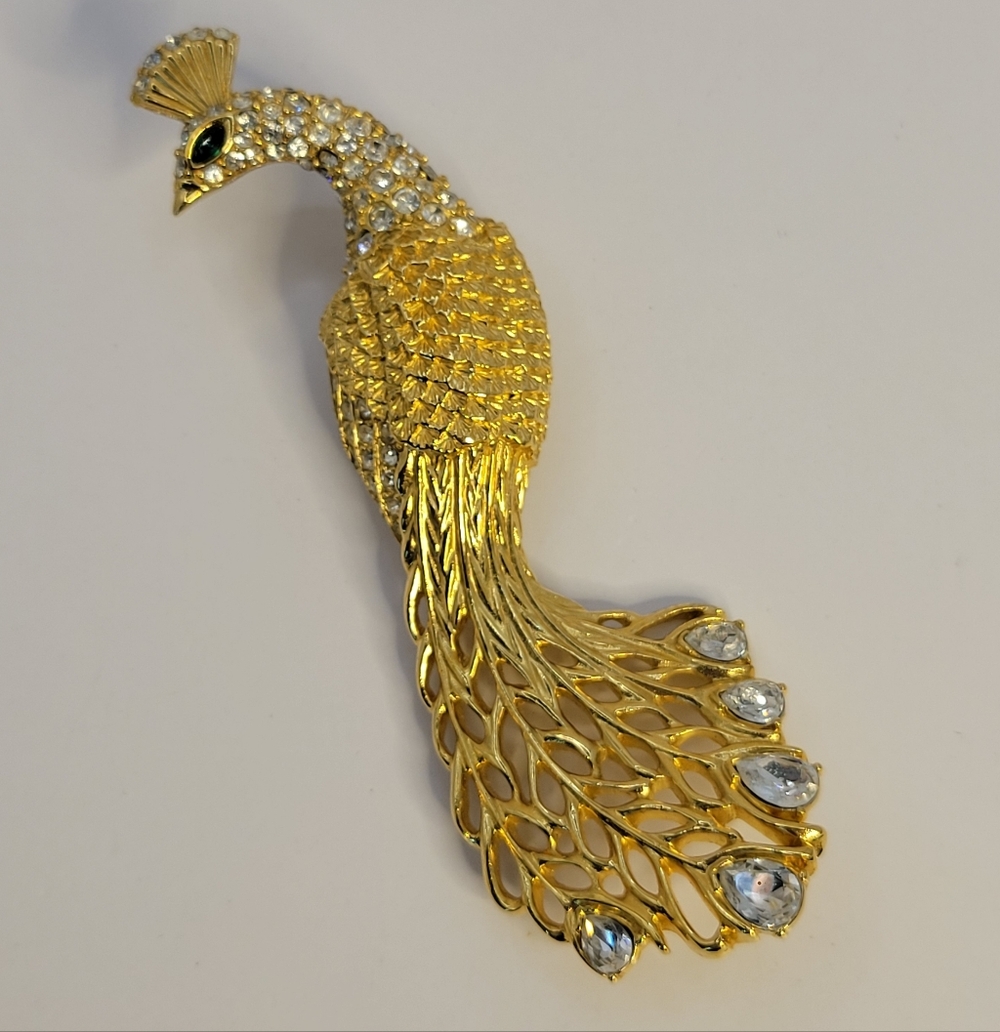 Trifari Gold Tone Crystal Peacock Brooch Large
